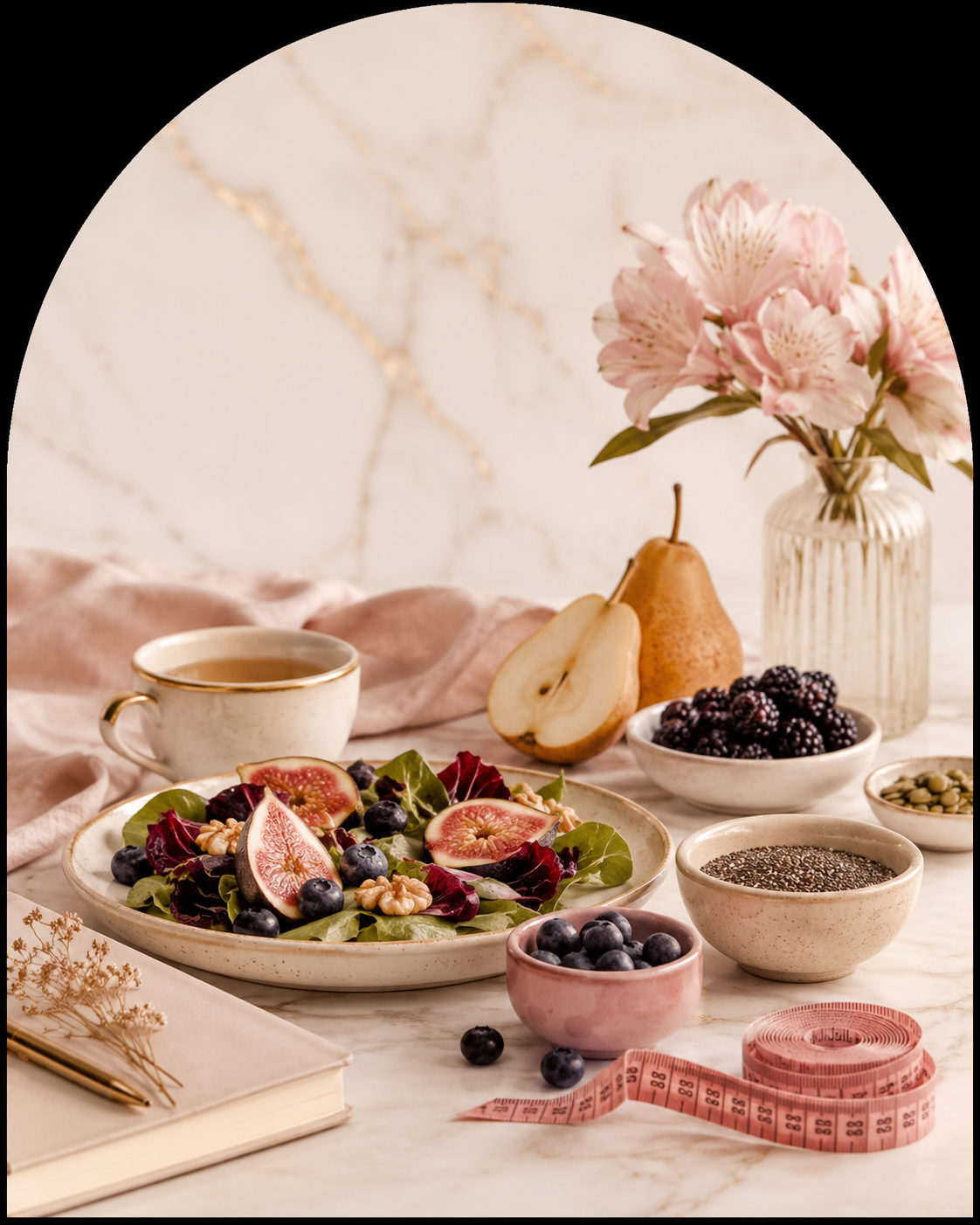 Mesa com alimentos saudáveis, frutas e fita métrica